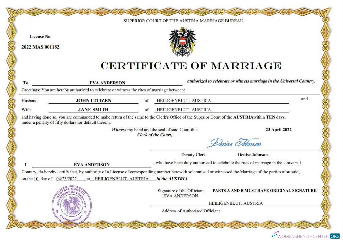 Download Austria marriage certificate Word and PDF template, Photoshop template